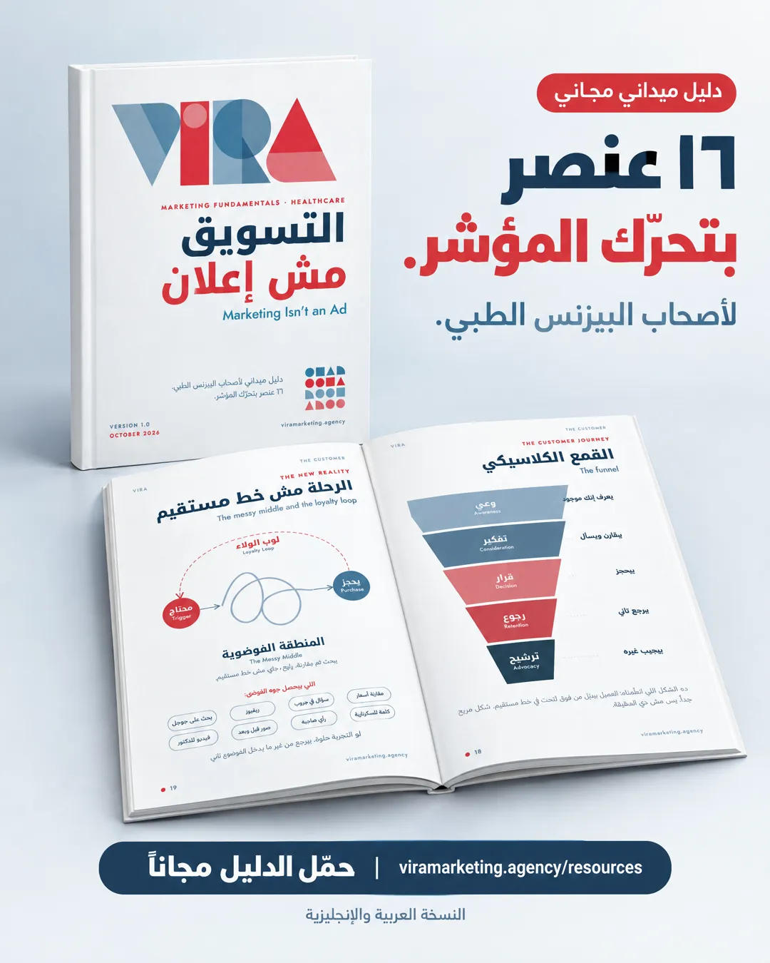 كتاب «التسويق مش إعلان»، دليل فيرا الميداني المجاني لأصحاب البيزنس الطبي: الغلاف وصفحتان عن رحلة العميل